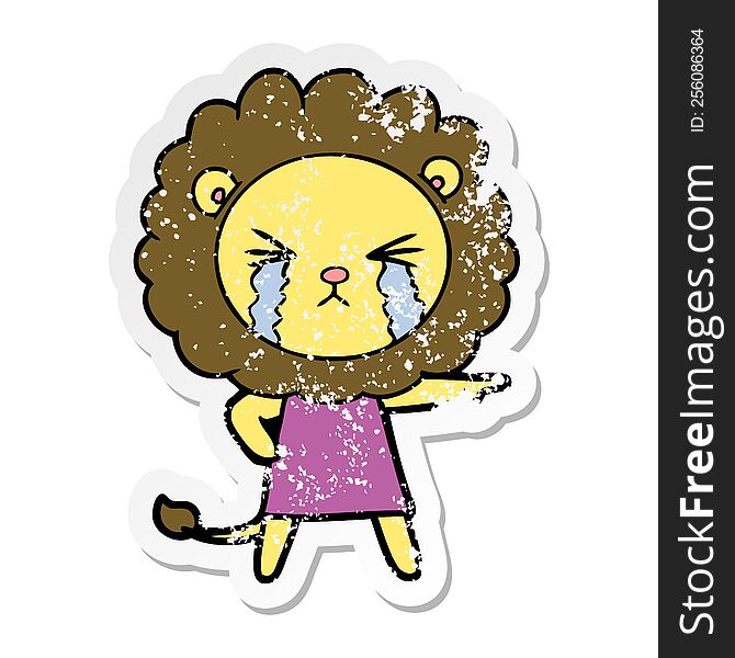 Distressed Sticker Of A Cartoon Crying Lion Wearing Dress