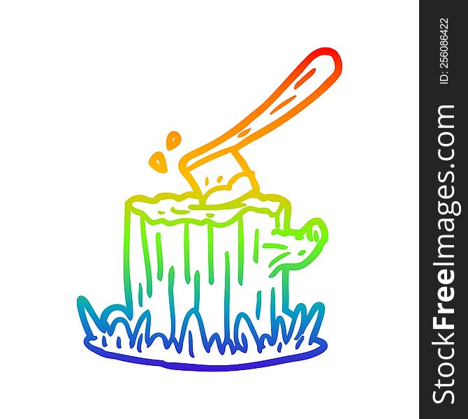 rainbow gradient line drawing of a axe stuck in tree stump