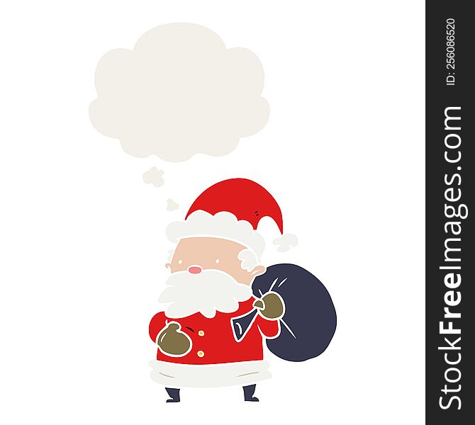 cartoon santa claus with thought bubble in retro style