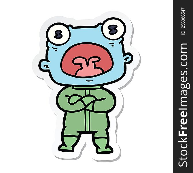 sticker of a cartoon weird alien communicating