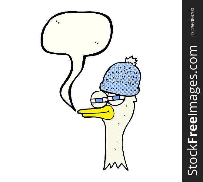 freehand drawn comic book speech bubble cartoon bird wearing hat