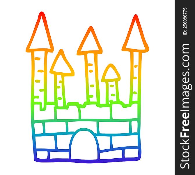 rainbow gradient line drawing of a cartoon traditional castle