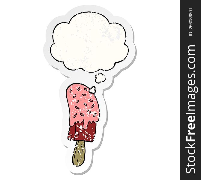 cartoon ice cream lolly with thought bubble as a distressed worn sticker