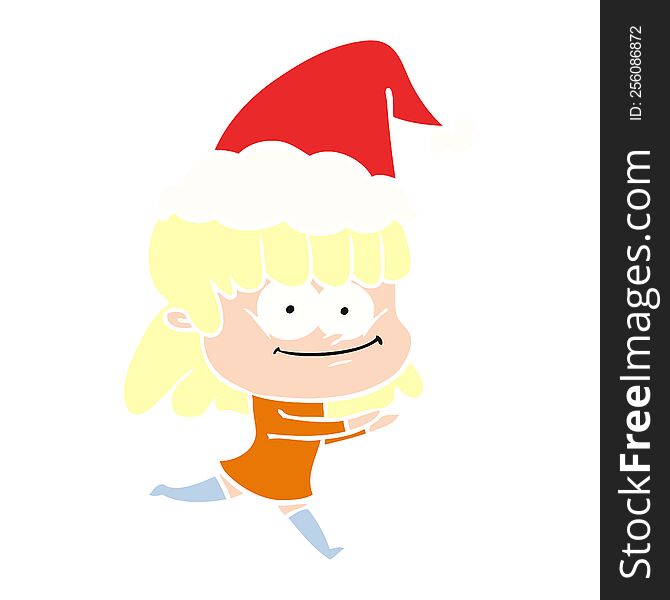 Flat Color Illustration Of A Smiling Woman Wearing Santa Hat