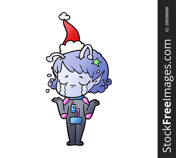 Gradient Cartoon Of A Crying Alien Girl Wearing Santa Hat