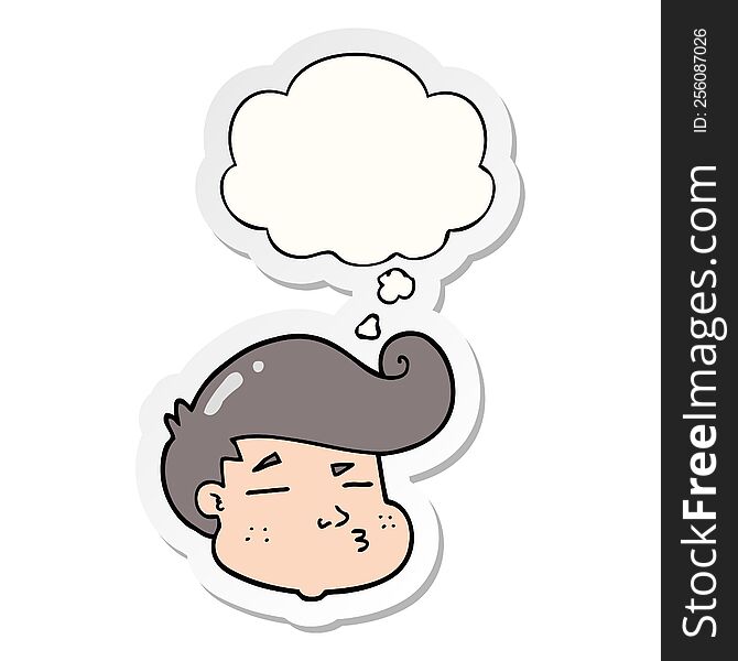 cartoon boy\'s face with thought bubble as a printed sticker