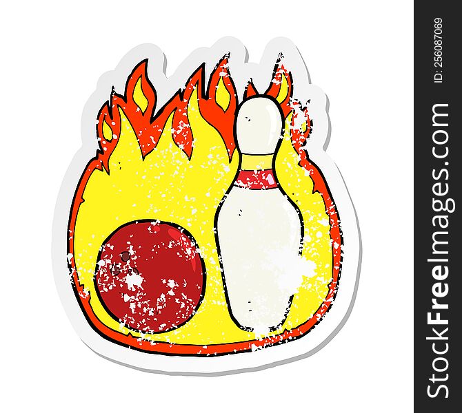 retro distressed sticker of a ten pin bowling cartoon symbol with fire