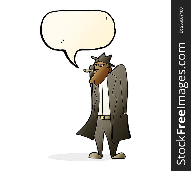 Cartoon Man In Hat And Trench Coat With Speech Bubble