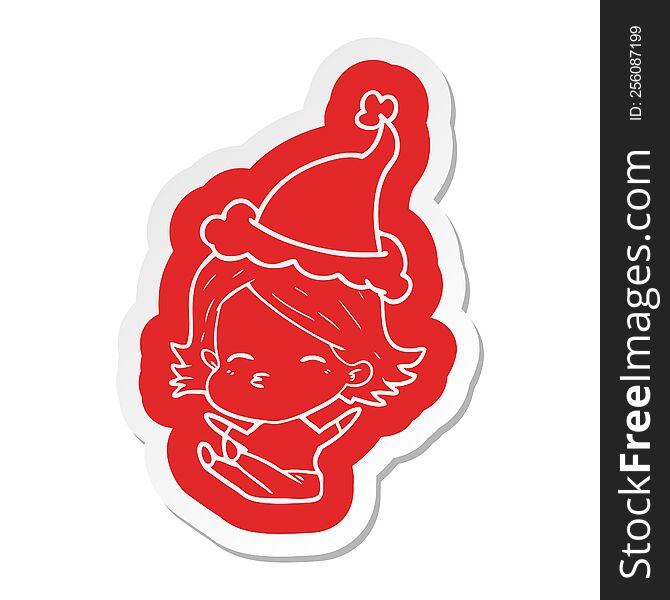Cartoon  Sticker Of A Woman Sitting Wearing Santa Hat