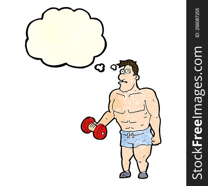 cartoon man lifting weights with thought bubble