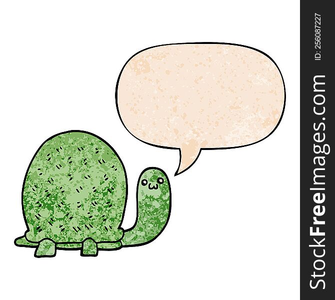 Cute Cartoon Turtle And Speech Bubble In Retro Texture Style