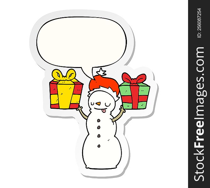 Cartoon Snowman And Present And Speech Bubble Sticker