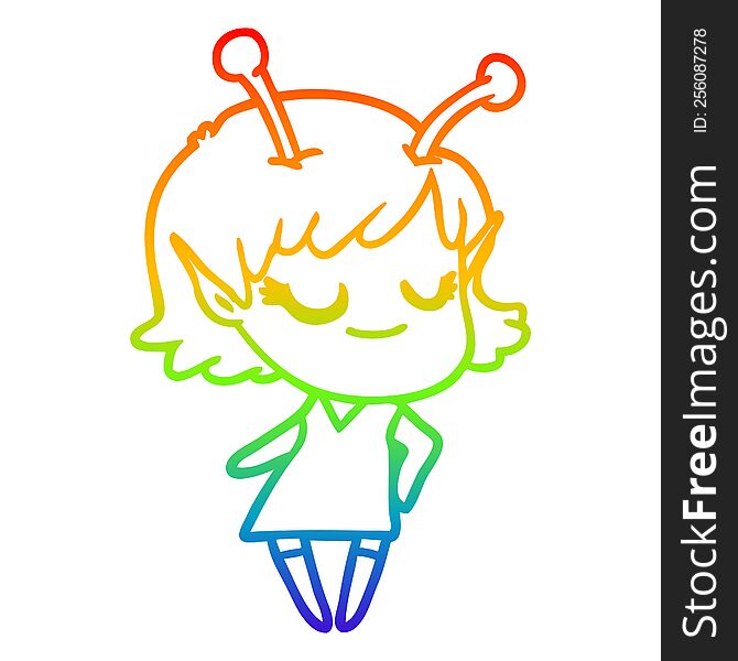 rainbow gradient line drawing of a smiling alien girl cartoon