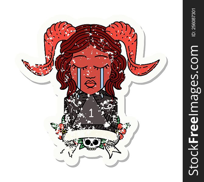 Retro Tattoo Style crying tiefling face with natural one d20. Retro Tattoo Style crying tiefling face with natural one d20