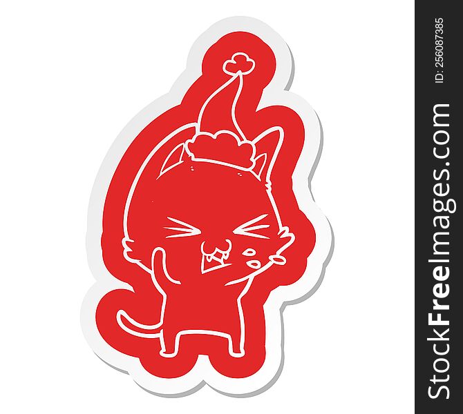 Cartoon  Sticker Of A Cat Hissing Wearing Santa Hat