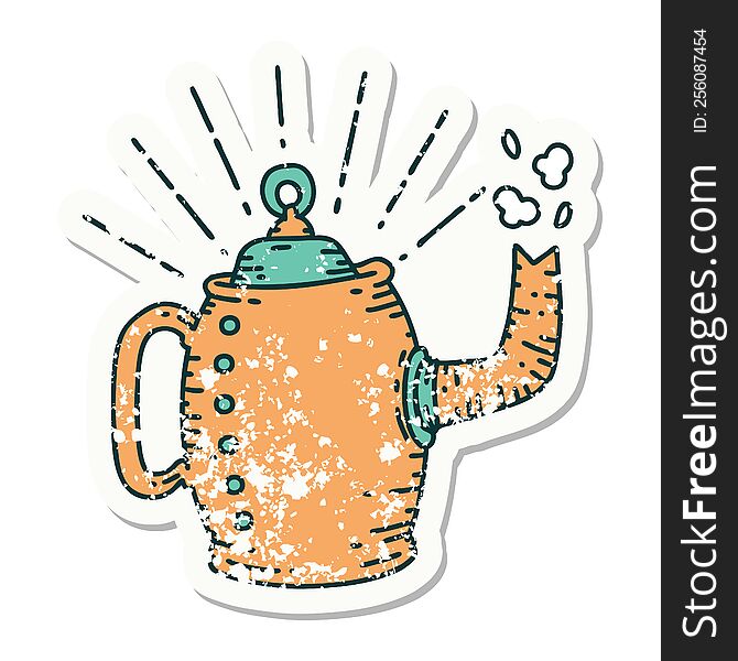 worn old sticker of a tattoo style old coffee pot steaming. worn old sticker of a tattoo style old coffee pot steaming