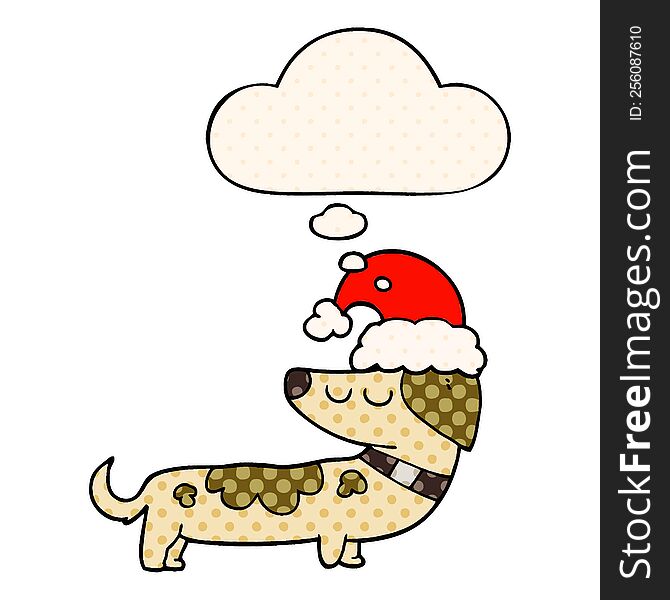cartoon dog wearing christmas hat with thought bubble in comic book style