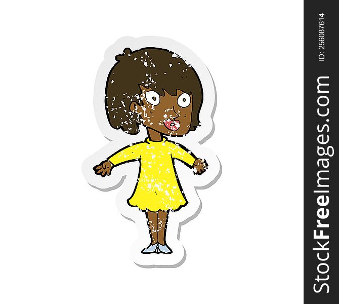 Retro Distressed Sticker Of A Cartoon Woman Wearing Dress