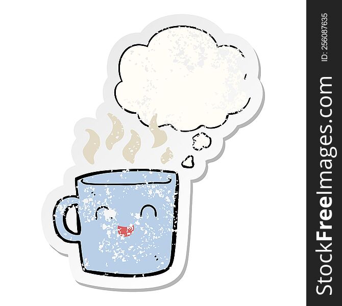 cute coffee cup cartoon with thought bubble as a distressed worn sticker