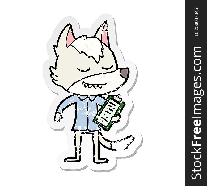 distressed sticker of a friendly cartoon wolf with notes