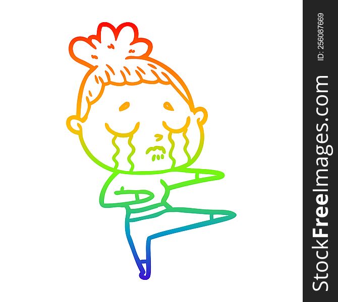 rainbow gradient line drawing of a cartoon crying woman dancing