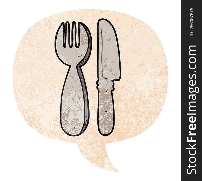 Cartoon Knife And Fork And Speech Bubble In Retro Textured Style