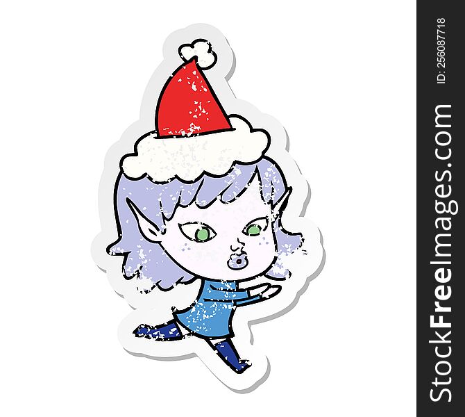 pretty hand drawn distressed sticker cartoon of a elf girl wearing santa hat