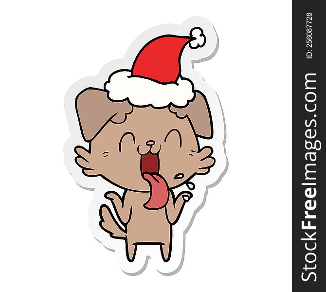 hand drawn sticker cartoon of a panting dog shrugging shoulders wearing santa hat