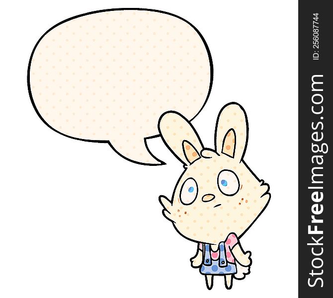 cute cartoon rabbit shrugging shoulders with speech bubble in comic book style