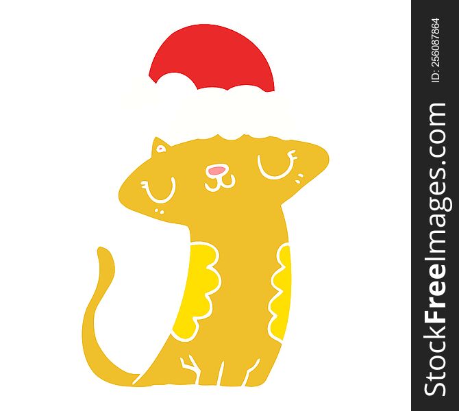 Cute Flat Color Style Cartoon Cat Wearing Christmas Hat