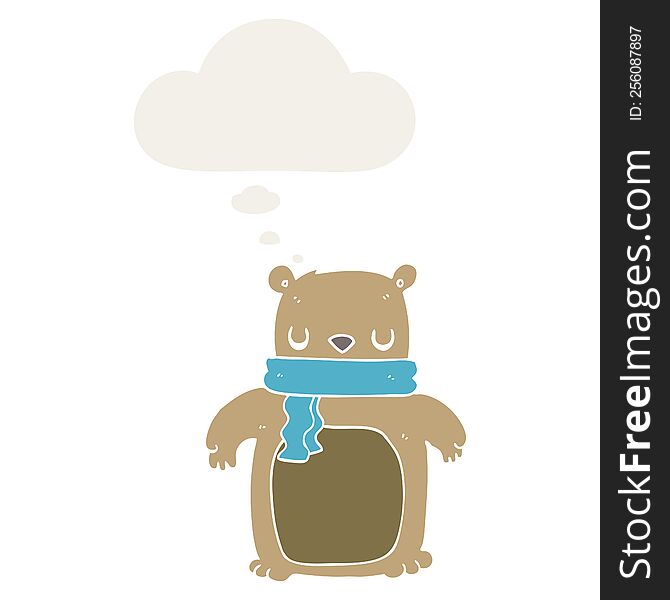 Cartoon Bear With Scarf And Thought Bubble In Retro Style
