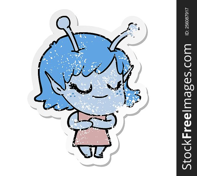 distressed sticker of a smiling alien girl cartoon