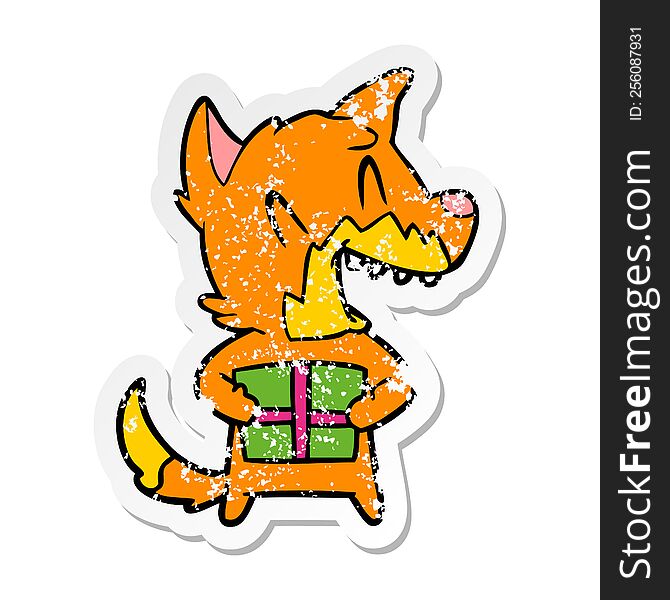 Distressed Sticker Of A Laughing Christmas Fox Cartoon