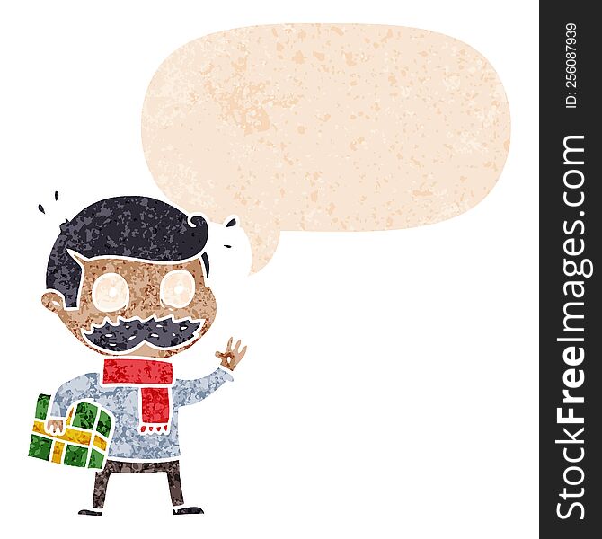 Cartoon Man With Mustache And Christmas Present And Speech Bubble In Retro Textured Style
