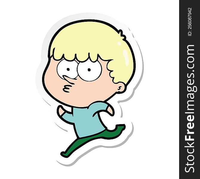 Sticker Of A Cartoon Curious Boy Running