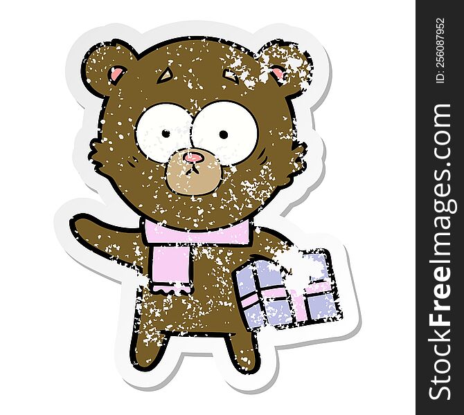 Distressed Sticker Of A Nervous Christmas Bear Cartoon