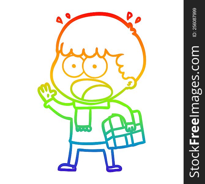 rainbow gradient line drawing of a cartoon shocked man with gift