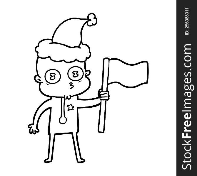 hand drawn line drawing of a weird bald spaceman with flag wearing santa hat