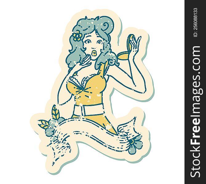 iconic distressed sticker tattoo style image of a pinup surprised girl with banner. iconic distressed sticker tattoo style image of a pinup surprised girl with banner