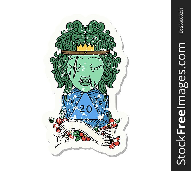 grunge sticker of a half orc barbarian with natural twenty dice roll. grunge sticker of a half orc barbarian with natural twenty dice roll