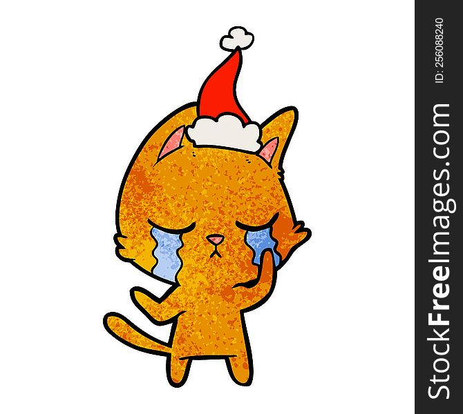 crying hand drawn textured cartoon of a cat wearing santa hat. crying hand drawn textured cartoon of a cat wearing santa hat