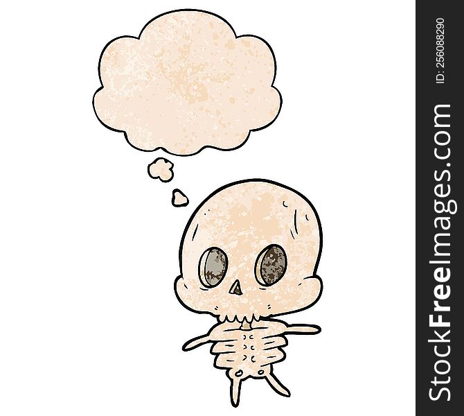 cartoon skeleton with thought bubble in grunge texture style. cartoon skeleton with thought bubble in grunge texture style