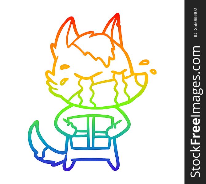 Rainbow Gradient Line Drawing Cartoon Crying Wolf With Christmas Present