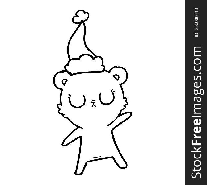 peaceful hand drawn line drawing of a bear wearing santa hat. peaceful hand drawn line drawing of a bear wearing santa hat