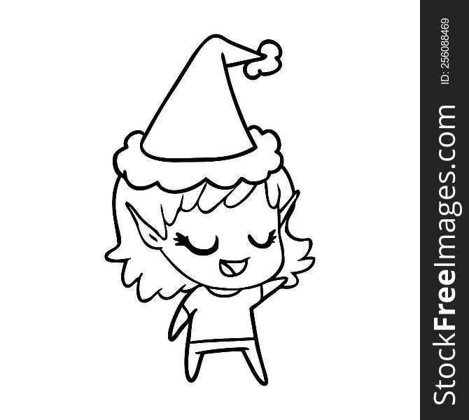 Happy Line Drawing Of A Elf Girl Wearing Santa Hat
