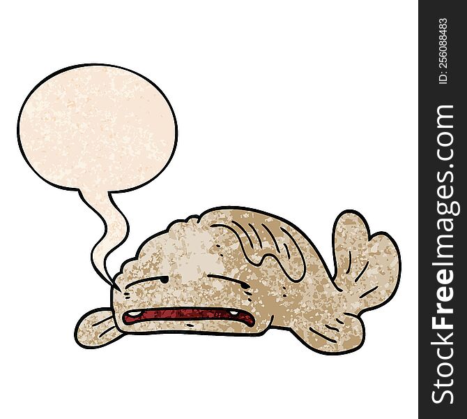 cartoon sad old fish with speech bubble in retro texture style