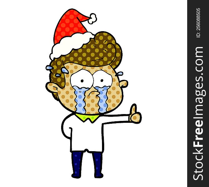 hand drawn comic book style illustration of a crying man wearing santa hat