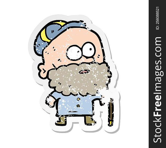 distressed sticker of a cartoon old man with walking stick