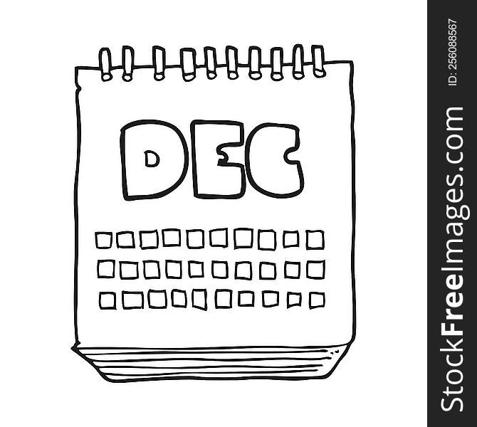 freehand drawn black and white cartoon calendar showing month of december
