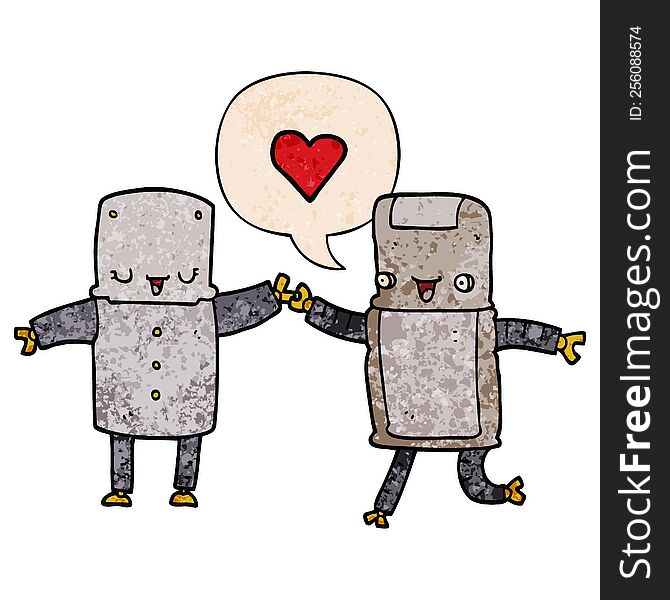 cartoon robots in love with speech bubble in retro texture style